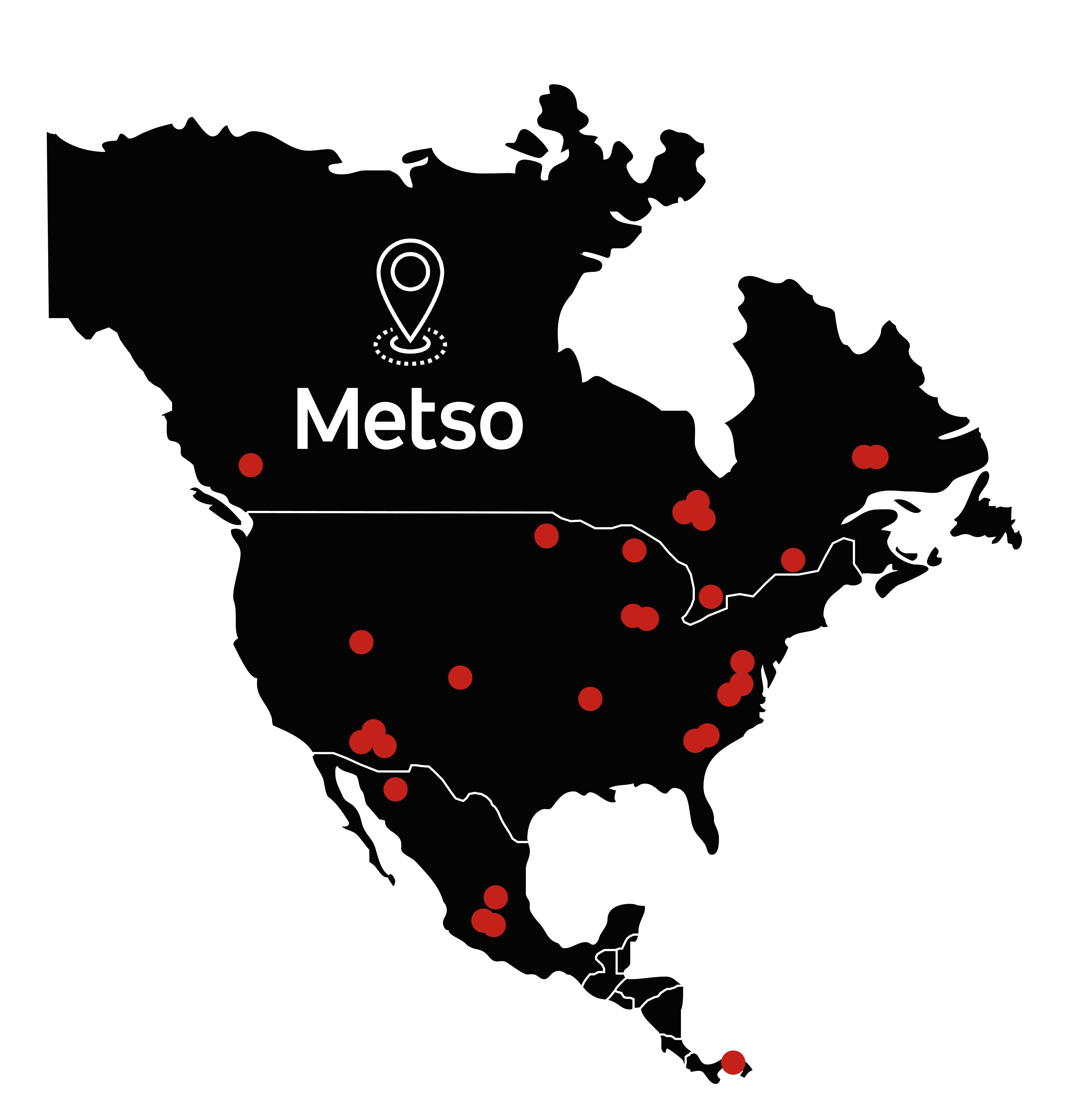 Map of North and Central America with MetsoOutotec locations