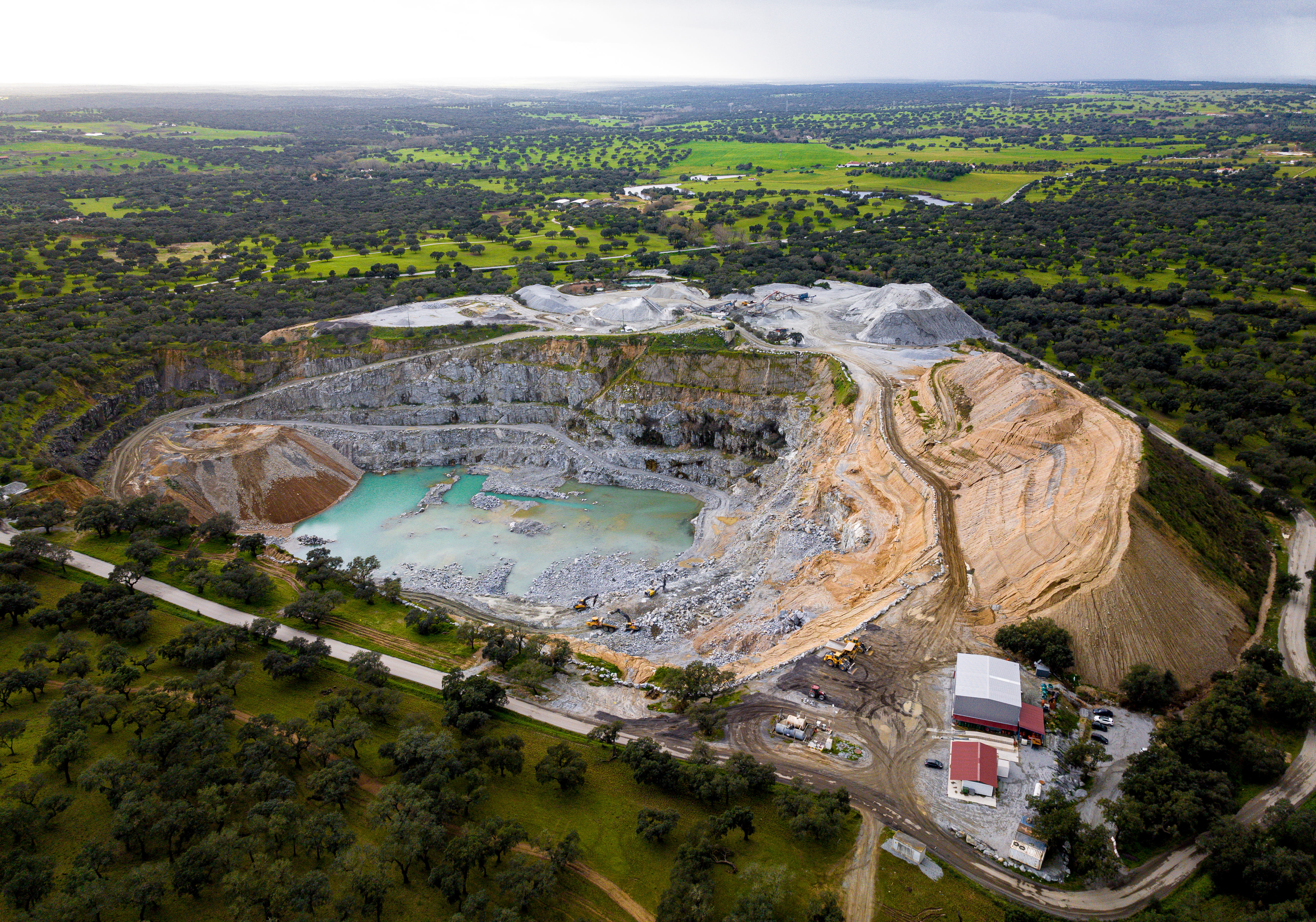 Aerial view of the Herdade de Benafessim quarry, owned by Mota Engil S.A. in Portugal.